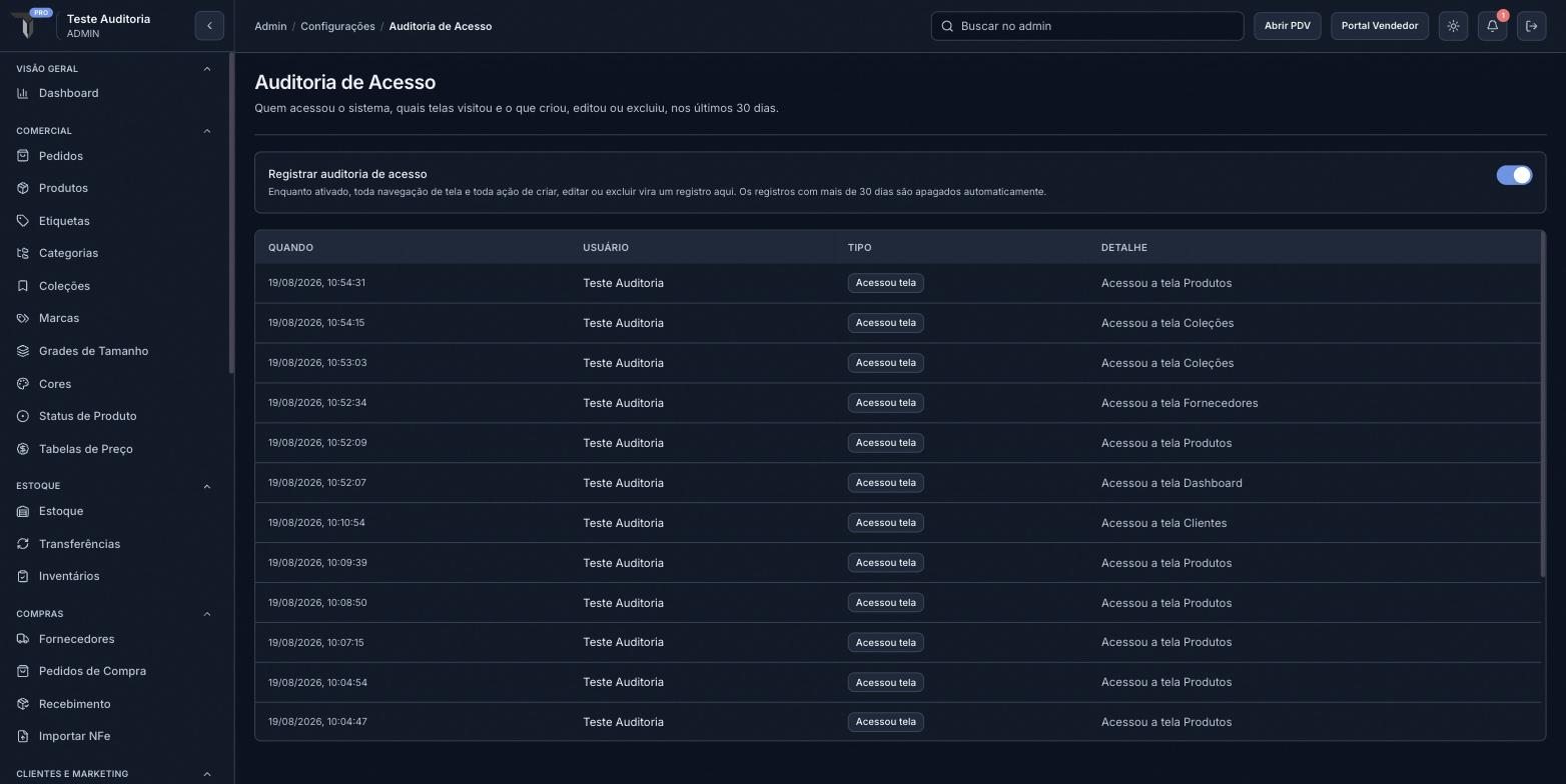 Tela de Auditoria de Acesso, com o interruptor de ativação e a lista de eventos
