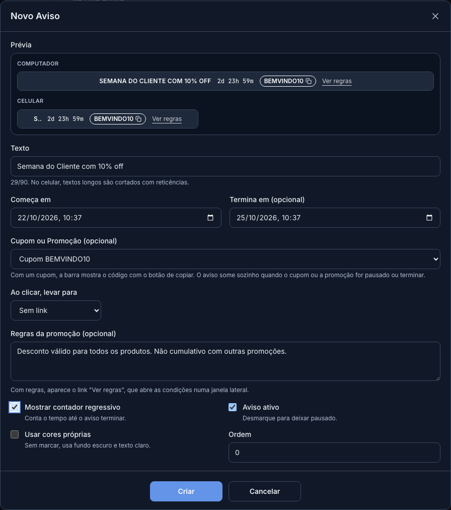 Formulário Novo Aviso com a prévia no computador e no celular