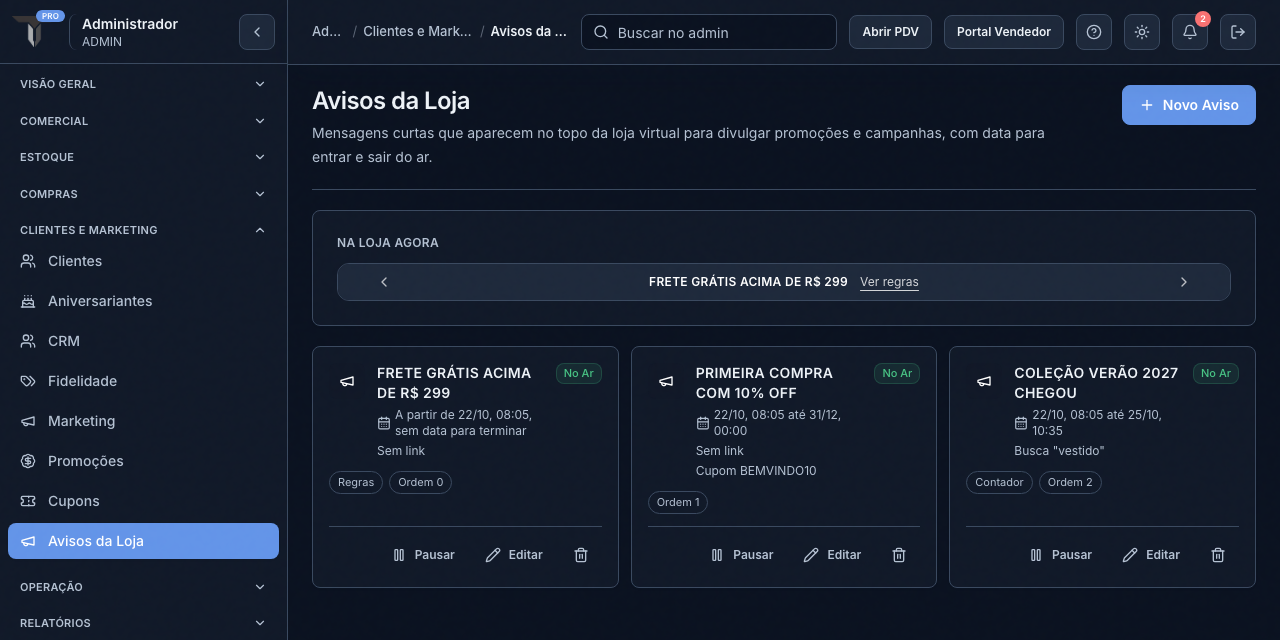Tela Avisos da Loja com o quadro Na Loja Agora e os avisos cadastrados