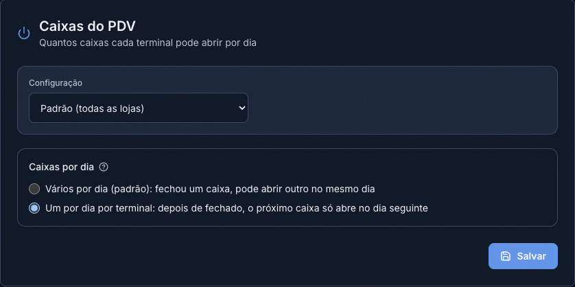 Regra de caixas por dia do PDV