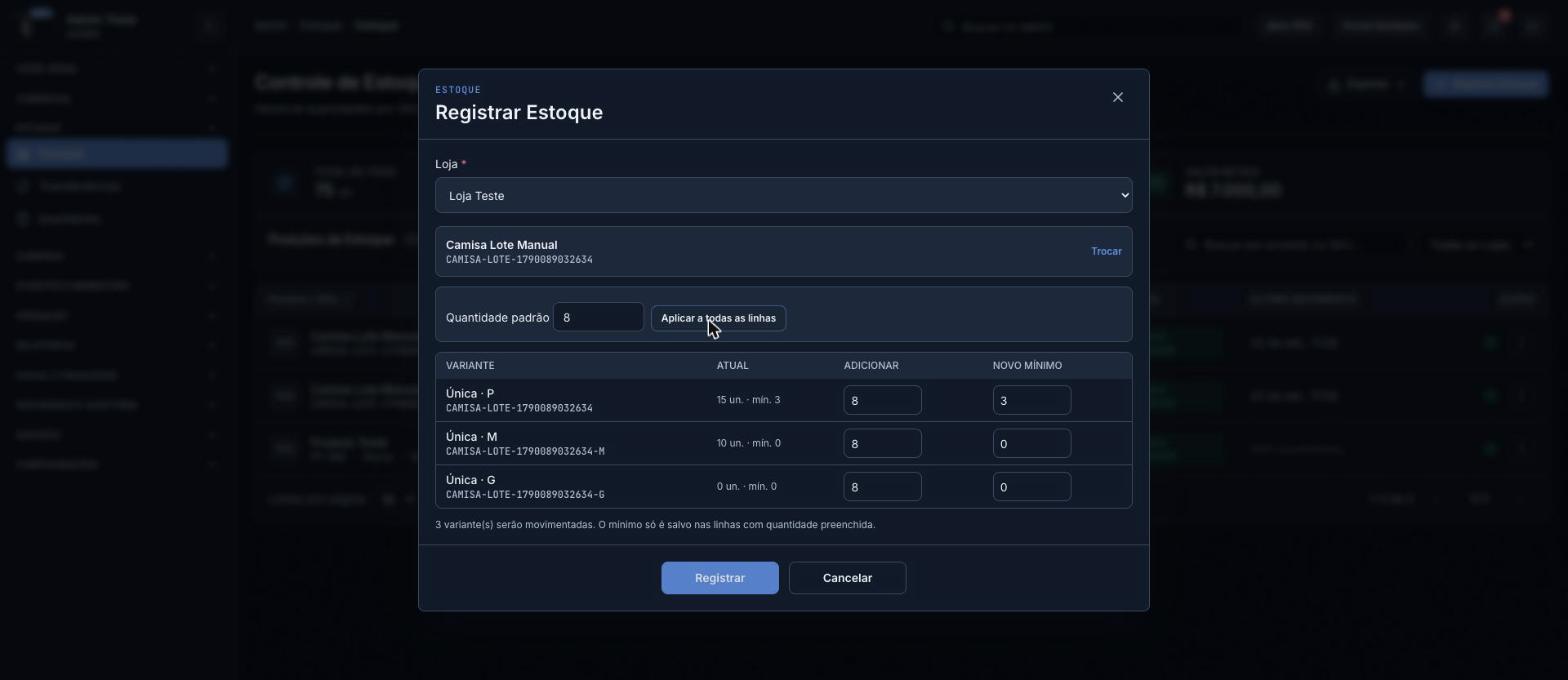 Registrar estoque em lote