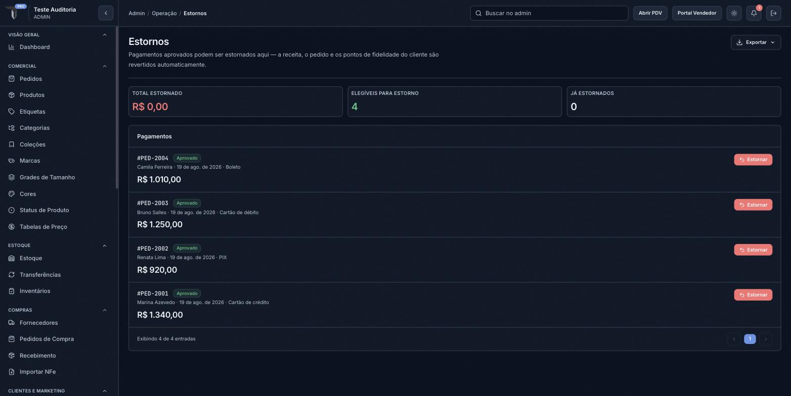 Tela de Estornos, com pagamentos aprovados de diferentes métodos
