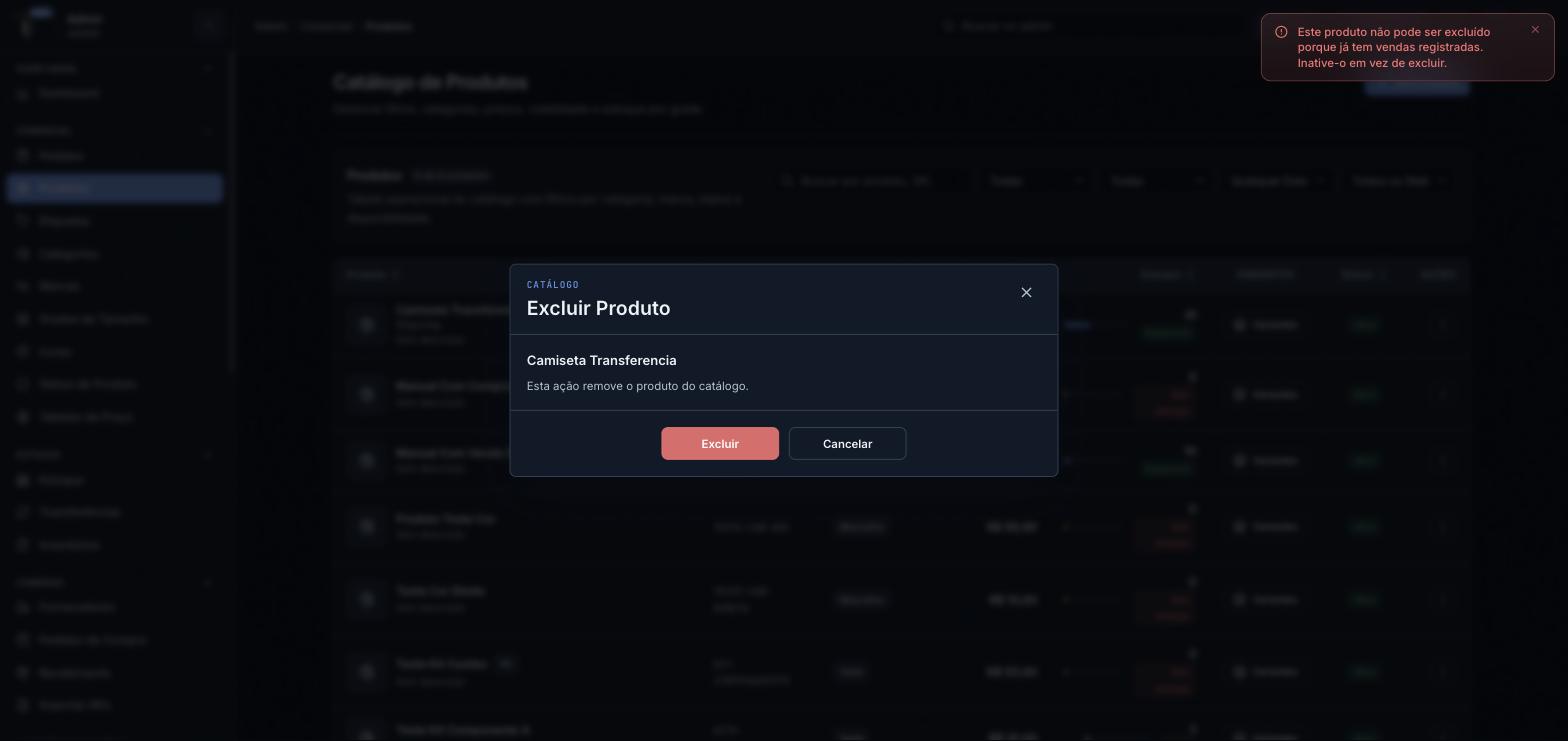 Aviso de bloqueio ao tentar excluir um produto com vendas registradas