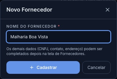 Cadastro rápido de fornecedor, aberto por cima do pedido de compra