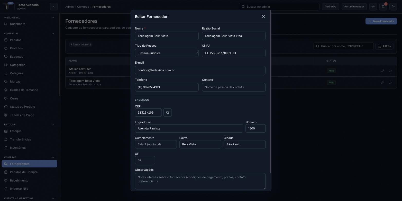 Endereço do fornecedor, com busca automática por CEP