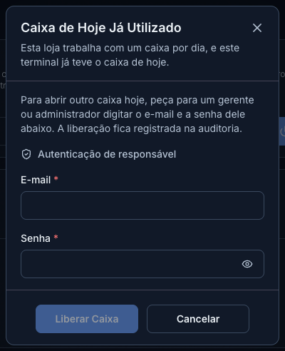 Janela de liberação pedindo e-mail e senha do gerente ou administrador