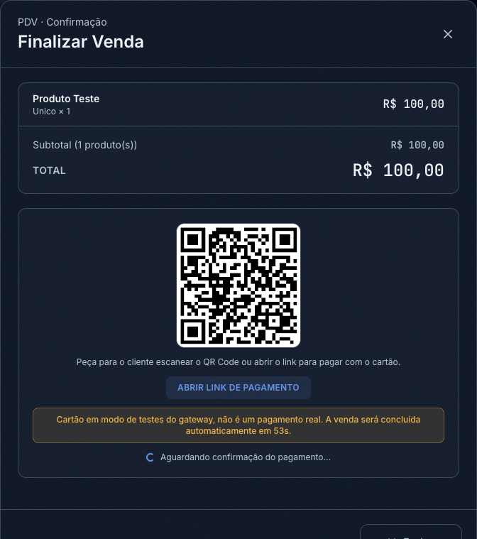 Tela do PDV aguardando confirmação do cartão pelo gateway, com QR Code e link de pagamento