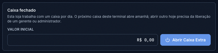 Card de caixa fechado numa loja com um caixa por dia