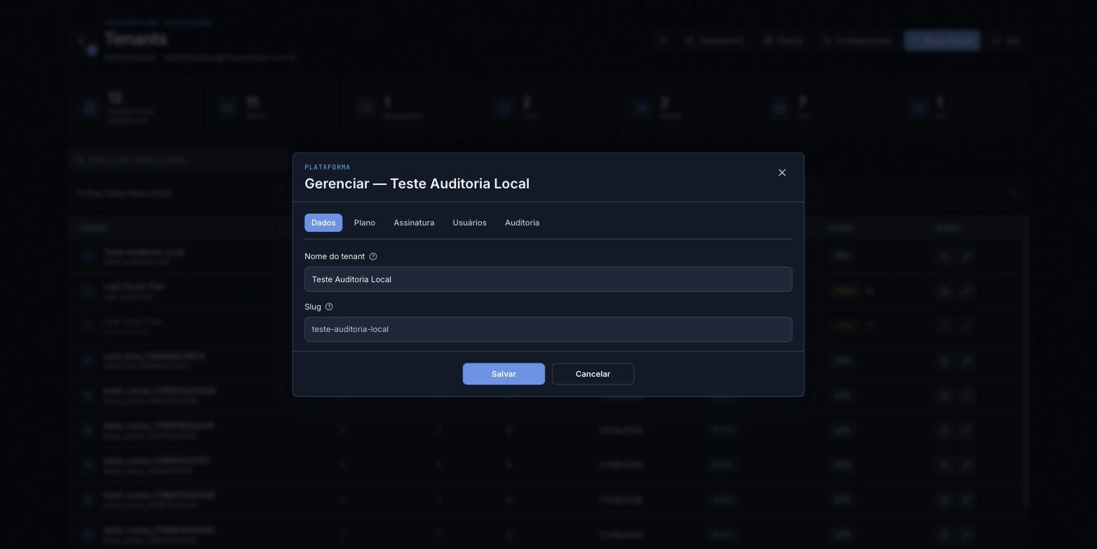 Modal Gerenciar de um tenant, com as cinco abas