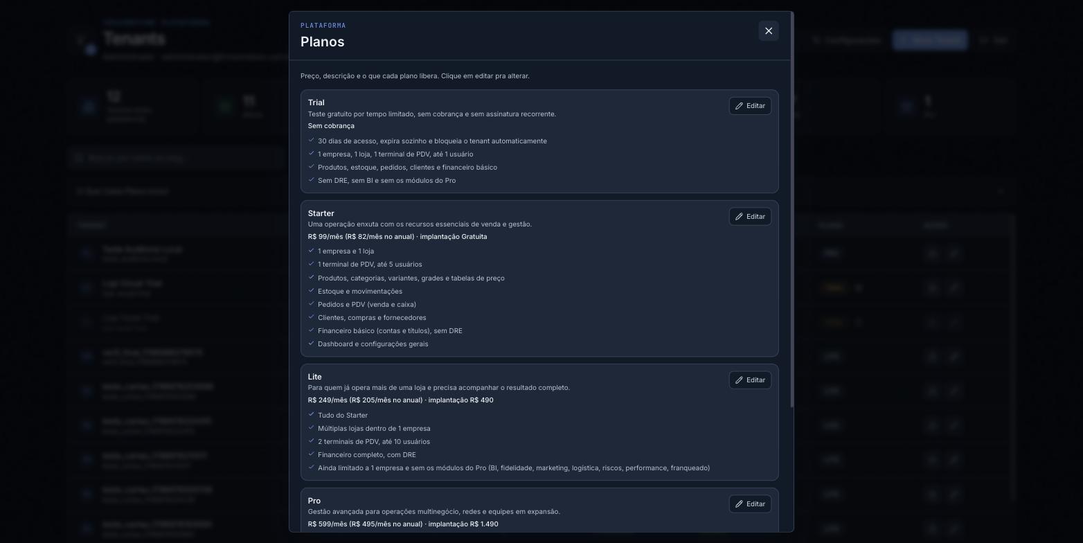 Catálogo de Planos no painel de Plataforma