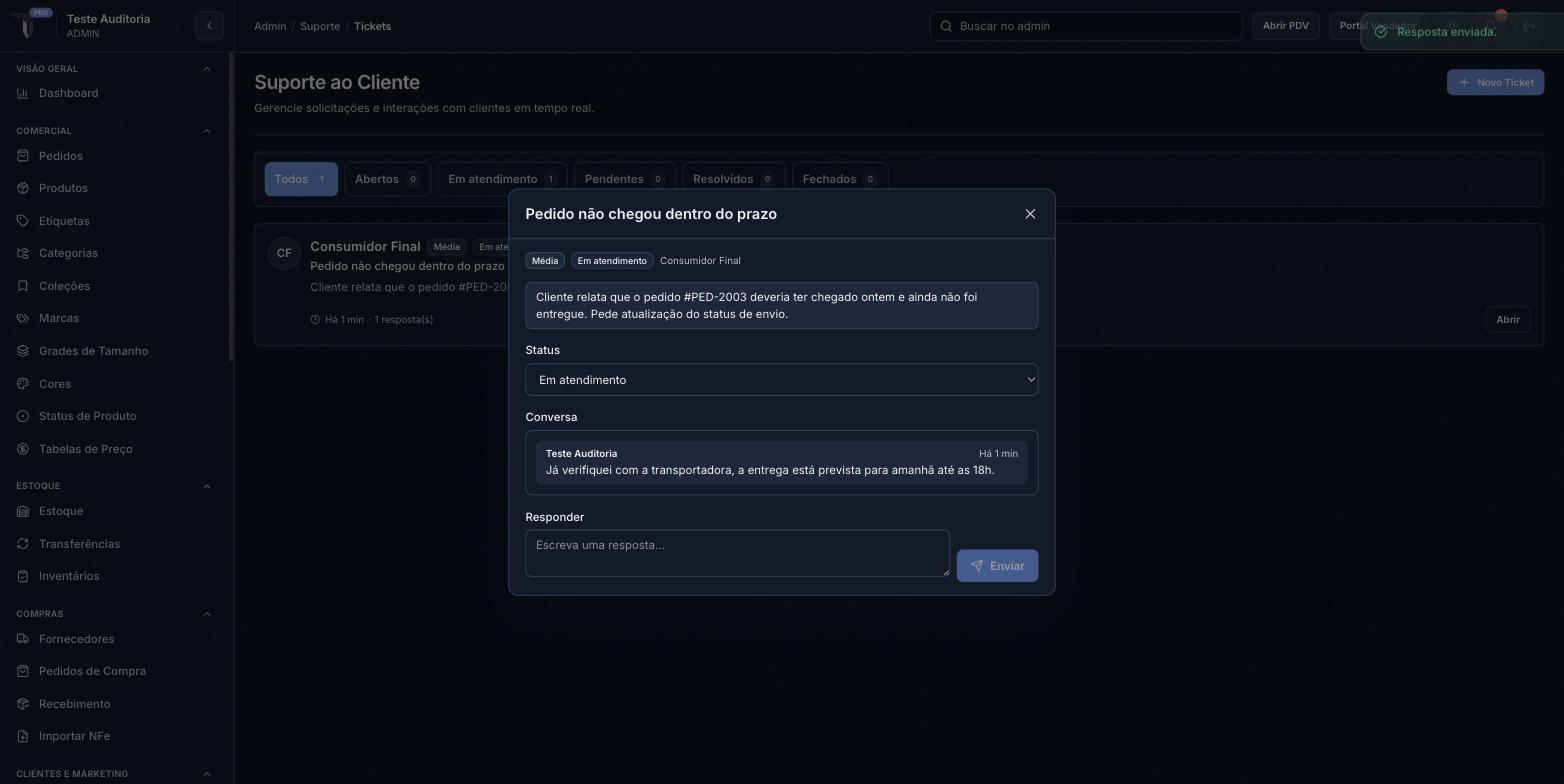 Detalhe de um ticket, com a conversa e o campo de resposta